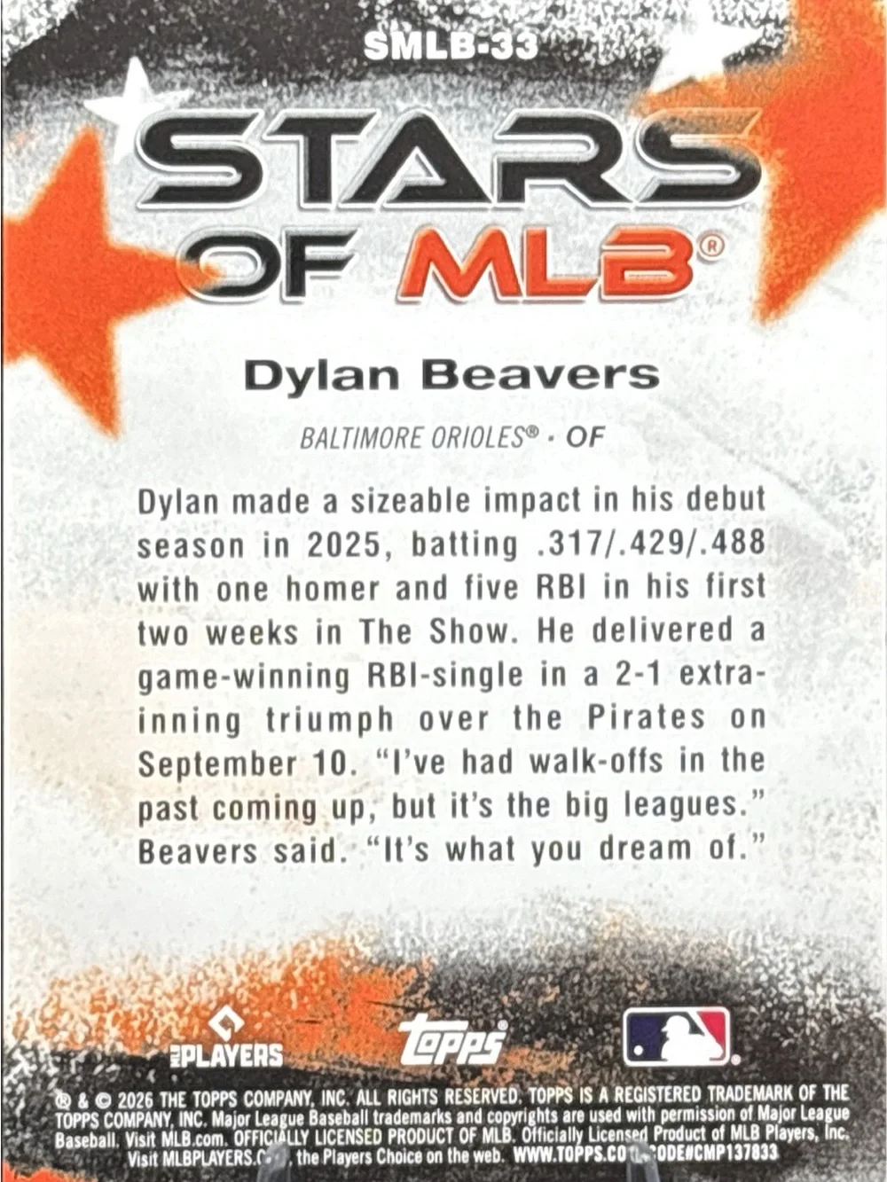 Topps Dylan Beavers Orioles Holographic Rookie Baseball Card - Stars of MLB - Picture 2 of 2